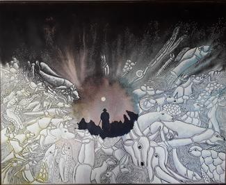 Là bas, œuvre provenant de la partie Espéranto de l'exposition : l'espéranto est une langue universelle conçue pour unir les peuples. Ce mot incarne aussi l'espoir et l'espérance. De la même manière, la peinture est une langue universelle où chacun puise, à partir de sa propre culture, les clés nécessaires à la compréhension de ce que perçoivent les yeux. La peinture s'adresse à tous, sauf aux aveugles, tandis que le langage parlé peut décrire et expliciter ce que l'œil ne peut voir. 