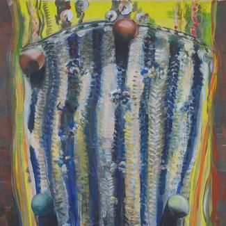 Détail du dixième portrait inspiré d'un rituel Yoruba d'Afrique de l'Ouest. Titre : Hors de soi 10. Peinture de 150 cm de hauteur et 100 cm de largeur. A la place de la face cachée : bandes verticales blanches et bleues, entourée d'un tissu jaune et de l'ocre se trouve de parte et d'autre de ce visage caché. On trouve des boules de couleurs différentes réparties entre les bandes.