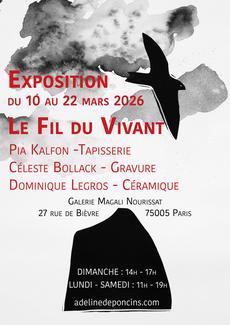 La galerie Magali Nourissat a le plaisir de présenter l’exposition Le Fil du Vivant, une exploration sensible du geste et de la matière à travers les œuvres de trois artistes contemporains : Dominique Legros, Celeste Bollack et Pia Kalfon. Du 10 au 22 mars 2026, cette exposition invite le public à découvrir trois pratiques artistiques souvent laissées de côté au profit de la peinture et de la sculpture.