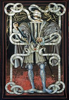 Tapisserie représentant François 1er entravé dans des bandelettes blanches
