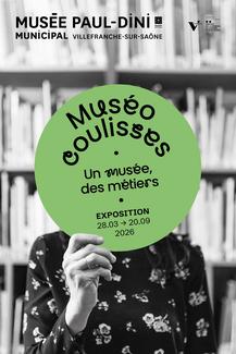 Cette affiche présente un agent du musée en noir et blanc caché par un grand disque coloré. Sur ce disque est inscrit le nom et la durée de l'exposition. 