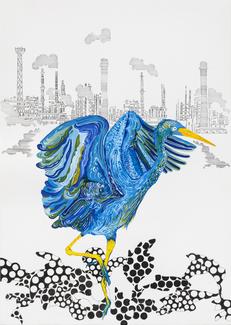 Chourouk Hriech, Les ciels que nous portons 1, 2025. Encre de Chine et gouache sur papier, 70 x 50 cm ©Gregory Copitet