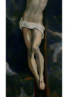 Jacqueline Salmon, photographie du buste et des jambes du Christ adoré par deux donateurs du Greco, 1595, exposé au Louvre. La photographie permet de voir plus en détail le périzonium du Christ.