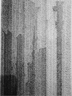 Demeure, encre sur papier, de Jacques Chaverot, 2024-2026. Des bâtiments atteignant le ciel se dessinent dans les mouvements arrondis de l'encre. Ces cercles d'encre contribuent à créer des formes géométriques grâce à leur superposition sur le papier.