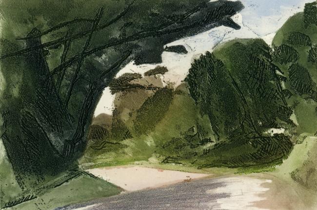 Albert Chavaz (1907-1990) Chemin bordé d’arbres, 1985, eau-forte, aquatinte et roulette sur papier vélin Arches, 128 x 186 mm Musée Jenisch Vevey - Cabinet cantonal des estampes, Fondation William Cuendet & Atelier de Saint-Prex