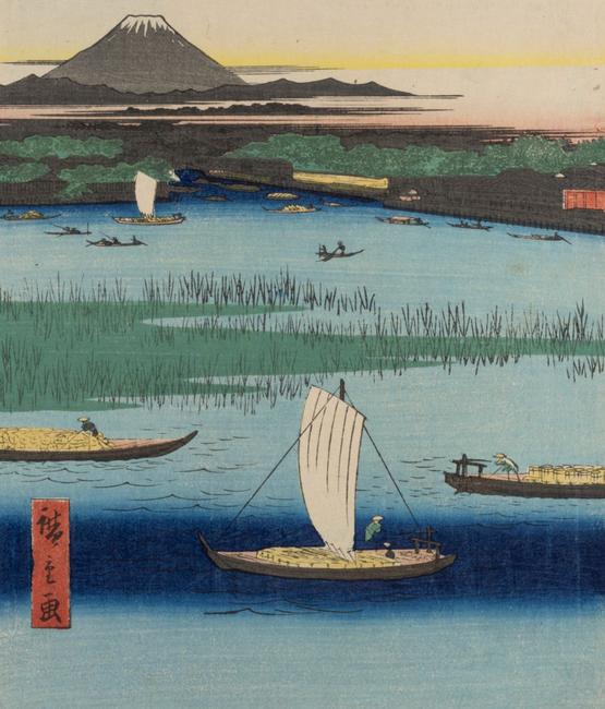 Hiroshige Utagawa, Mitsumata Wakarenofuchi, planche 57 de la série Cent vues célèbres d’Edo, 1857, gravure sur bois, 36,5 x 24,6 cm. Photo : Julien Gremaud