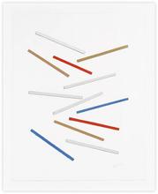 Collage aux baguettes gouachées blanc, rouge, bleu et bois