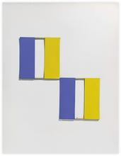 Collage géométrique aux rectangles bleus et jaunes en symétrie