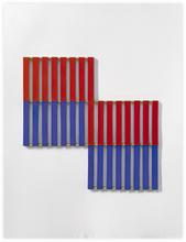 Collage géométrique aux lamelles en rouge et en bleu
