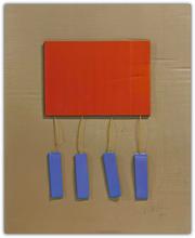 Collage au rectangle rouge et aux éléments bleus suspendus, 1980