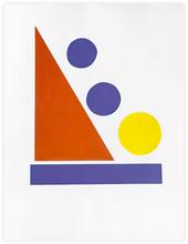 Collage, un triangle rouge, un triangle bleu, trois cercles