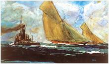 Remorqueur croisant deux classes J en course, 1921