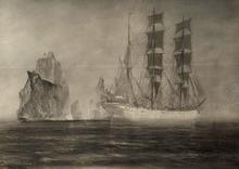 Trois-mât barque passant près d'un iceberg