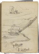 Carnet croquis dessin, Chantier du barrage de Donzére-Montdragon : dessins au crayon noir.
