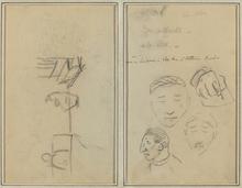 Deux figures et un banc et trois études de têtes d'hommes et une de main, 1884-1888