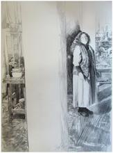 Robe blanche, gilet fourrure, entre colonne et table - 1979
