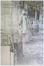Robe blanche derrière table ronde, cloche et seau - 1980