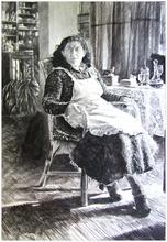 Fauteuil rotin, robe chat, tablier, sabots - 1983