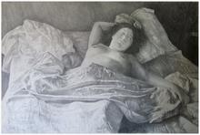 Nu, drapé du lit, bras droit levé - 1989