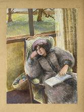 Chatelaine, béret rose, livre, tête appuyée main droite 