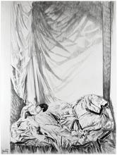Couché en biais, bras droit levé, regarde vers la droite, draperies - 1978