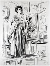 Robe verte et peplos, chignon, reflet dans le miroir - 1977