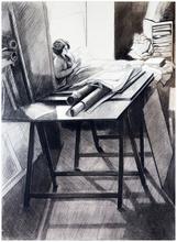Assis, derrière tréteaux avec rouleaux - 1975