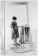 Robe violette, retenue à la taille, tête baissée vers la stèle - 1978