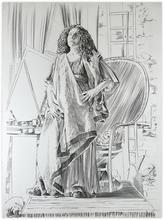 Grand péplos tenu par broche devant fauteuil, dossier rond - 1978
