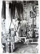 Robe verte et peplos, grands cheveux devant échelle et chambre noire angle gauche - 1977