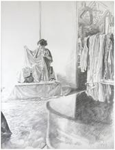 Robe verte, assis avec péplos (essayage), reflet piano - 1977