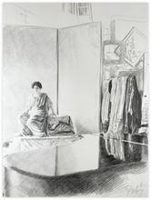 Robe verte, assis, drapé sur l'épaule, panneaux