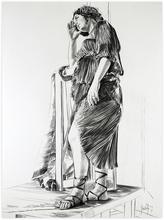 Robe violette debout, bras gauche tendu accoudé sur stèle - 1977