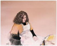 Assis, robe jaune, tablier, cheveux - 1977