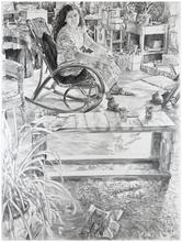 Fauteuil bascule, robe blanche, tient les genoux - 1978