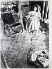 Robe blanc, assis Voltaire, fauteuil bascule sur le tapis - 1981