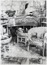 Piano, corsage blanc, bouquet, fauteuil rond corbeilles de laine - 1979