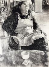 Assis, robe chat, tablier, bague noire, regarde en haut - 1983