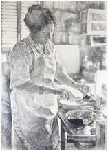 Robe blanche et tablier, prépare le gateau - 1988