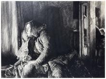 Assis, robe chat, accoudé sur le pouf, regarde à droite - 1984
