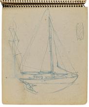 Carnet " Montcalm II 1945", Norfolk, Saint-Martin, Saba, Dominique, Guadeloupe, Saintes, Saba, Saint-Barth, Martinique : dessins au crayon noir et feutre bleu.