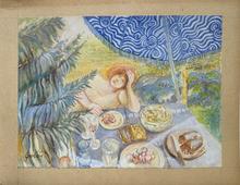 Accoudé table de jardin, grande palme et pararasol - 1994