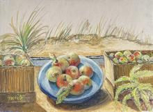 Assiette pommes, arbres au fond