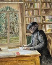 Veste noire, béret noir, biblio écrit bureau LLG, fenêtre