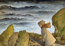 Grand ciel gris, bleu et noir, écharpe rouge au vent - 2013