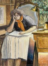 Corsage noir, jupe blanche, main à la tête, livre sur les genoux