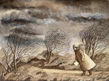 Rentre affairée avec sa lettre, nuages noirs et vaporeux - 2016