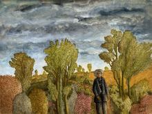 De face, ciel gris et bleu, paysage doré