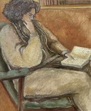 Fauteuil vert, lit, mai n droite sur la joue