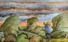 Veste bleue, courbée, paysage bleu, rose et vert - 2014